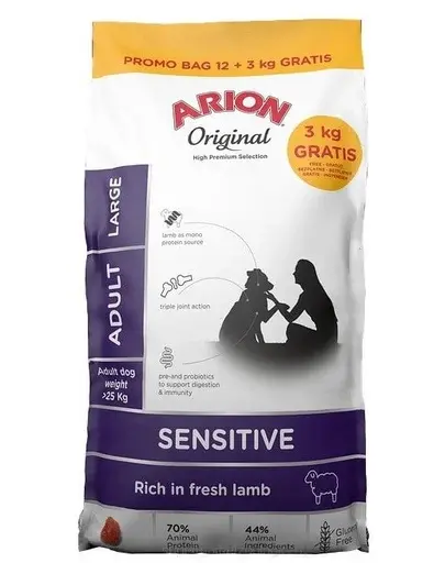 ARION Original Sensitive Adult Large Lamb Rice pentru câini 15 kg (12 + 3 kg) hrană cu miel și orez