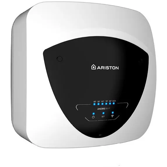 Ariston Boiler electric Ariston Andris Elite WiFi 30/5 EU, 30l, 1500W, butoane soft touch, control vocal, clasa energetica A, Montare deasupra chiuvetei, 447x447x410mm, Alb