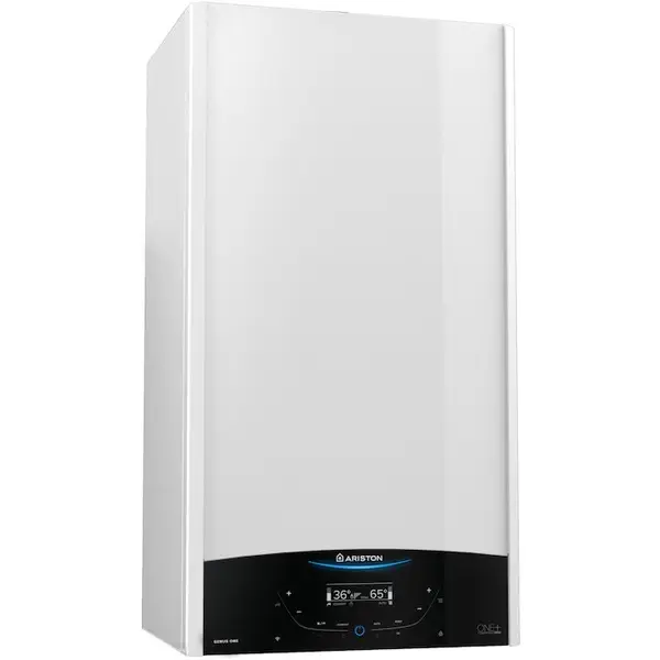 Ariston Centrala termica murala in condensare Ariston GENUS ONE+ 24, 24kW, gaz natural + GPL, meniu in limba romana, Ecran LCD tactil, schimbator caldura otel inoxidabil, clasa energetica A, fara kit inclus