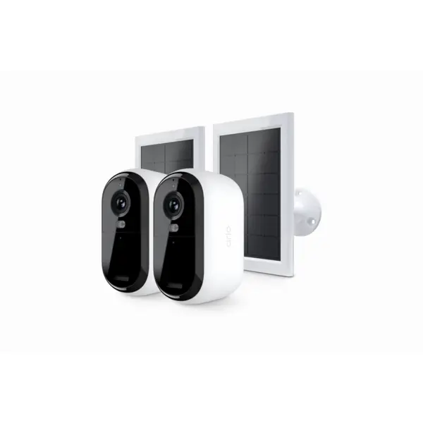Arlo Camera de supraveghere Arlo VMK3250-100EUS Essential (Gen.2) 2 pack + 2 panouri solare, 4MP, 2K, 2560x1440, Color Night Vision, wireless, baterie reincarcabila, microfon si difuzor, reflector integrat, IP65 (Alb)