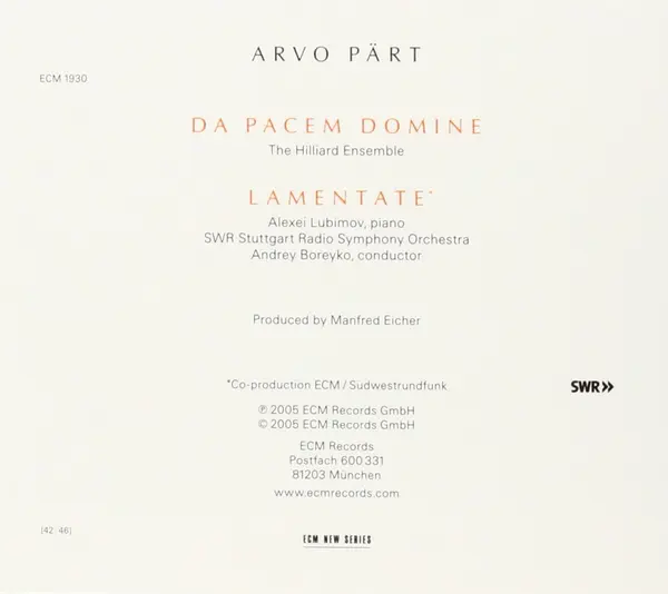 Arvo Part: Lamentate | The Hilliard Ensemble, Alexei Lubimov, SWR Stuttgart Radio Symphony Orchestra, Andrey Boreyko