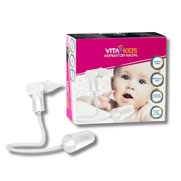 Aspirator nazal Vita Kids, bebelusi si copii, cu conectare la aspiratoarele de uz casnic, pentru indepartarea secretiilor nazale, aspiratie controlata, varf moale si delicat, sigur, fara BPA si ftalat