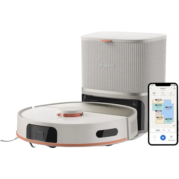 Aspirator robot cu mop Philips HomeRun 5000 XU5100/20, Capacitate praf 0.26l, Capacitate apa 0.27l, Autonomie 200 min, 10000 Pa, Navigare LDS, Bej