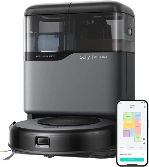 Aspirator robot eufy Omni C20, 7.000 Pa, Aspirator si Mop, Statie All-In-one, 40 W, Apa curata 2.5 l, Apa uzata 2.4 l, Recipient praf 3.1 l, Control vocal si aplicatie (Negru)