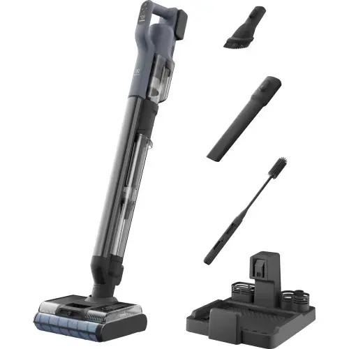 Aspirator vertical cu Spalare Seria 800 Wet&Dry Electrolux EW82U1DB, stand de incarcare cu functie auto-curatare & uscare role la 70°C, motor BLDC, Autonomie maxima 35 min, duze pentru spatii inguste (Albastru/Gri)