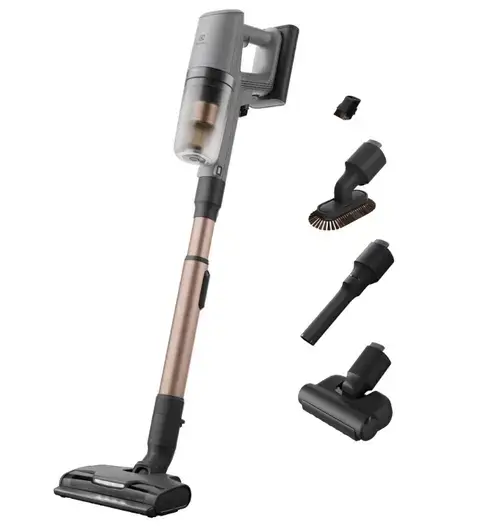 Aspirator vertical Electrolux 800 EP82AB25UG, Autonomie 90 minute, 25.2 V, 150 AW, Ecran LCD, 3 viteze + AUTO, Recipient 0.4 l, perie electrica cu LED, duza spatii inguste, duza pentru zone delicate, stand incarcare pe podea (Gri inchis)