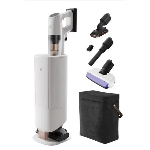 Aspirator vertical Electrolux 800 Hygienic EP83HB25UV, autonomie pana la 90min, 140AW, 3 viteze+AUTO, 0.4 l, statie de golire automata, sac de praf 2 l, perie electrica cu LED, perie UV pentru igienizare tapiterie, duze spatii inguste, zone delicate (Alb