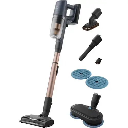 Aspirator vertical Electrolux Wet 800 EP82H25WET, Autonomie pana la 90 min, 25,2 V, 4000 mAh, putere aspirare 140 AW, ecran LCD, 3 viteze + Auto, 0,4 l, perie Turbo cu LED, perie mopping cu LED, stand incarcare pe podea (Albastru)