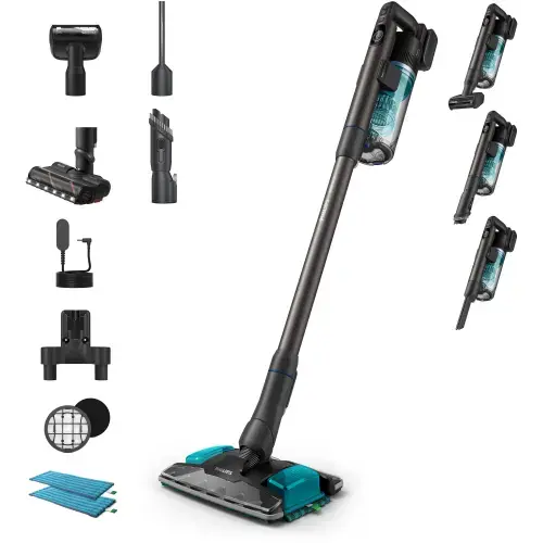 Aspirator vertical Philips XC8155/01 seria 8000, Autonomie pana la 80 min, Recipient 0.6 l, cap de aspirare si mop Aqua Plus, cap de aspirare PetPro, filtru suplimentar,1 laveta microfibra, suport statie de incarcare (Negru/Albastru)