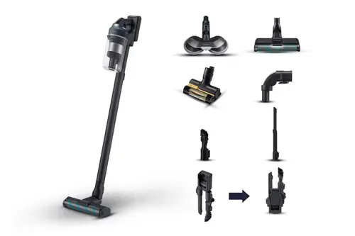 Aspirator vertical Samsung Jet 85 Premium VS20C852FTB/WA, 0.8L, 25.2V, 580W, Digital Inverter, Perie Slim LED pentru parchet, Perie Mop, Perie Pet, 60 min autonomie (Negru/Albastru)
