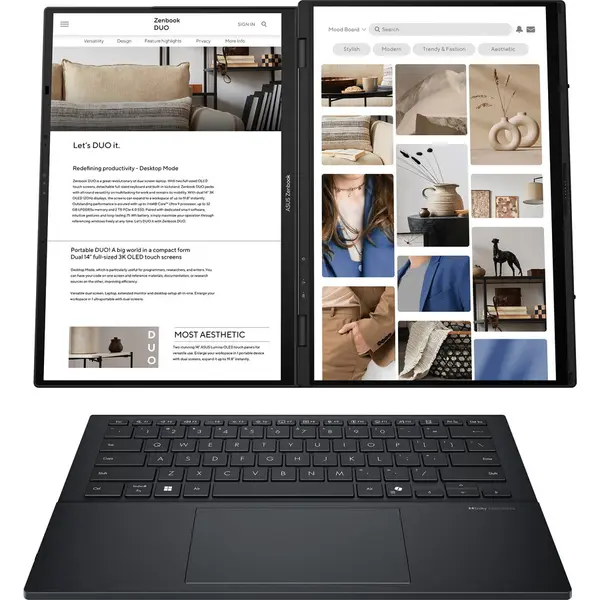 Asus Laptop ASUS Zenbook Duo UX8406CA, Dual OLED 14 inch 3K, Intel Core Ultra 7 255H, 16GB RAM, 1TB SSD, Intel Arc Graphics, Windows 11 Home, Gri