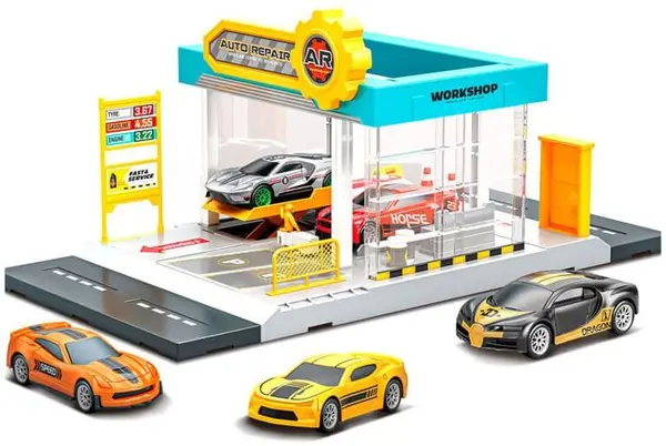 Atelier auto pentru copii Raya Toys - Reparare auto, cu 4 mașinuțe metalice