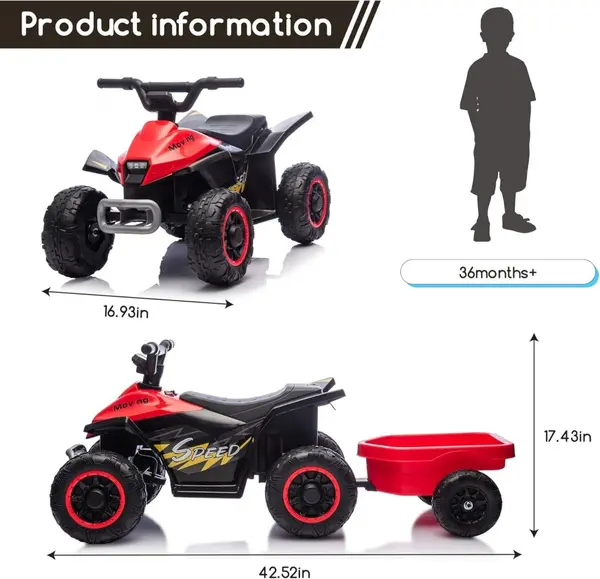 Atv electric cu remorca Nichiduta Mooving Speed Red, roti rezistente, remorca detasabila, acumulator 6V4.5Ah, motor 35w, suport picioare