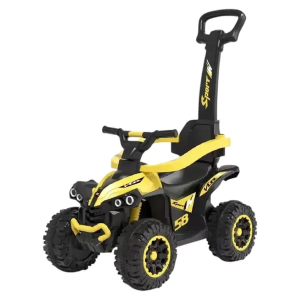 ATV pentru copii Novokids Little Beast Galben, cu melodii si lumini, maner de impins detasabil, fara pedale, greutate admisa 25 kg