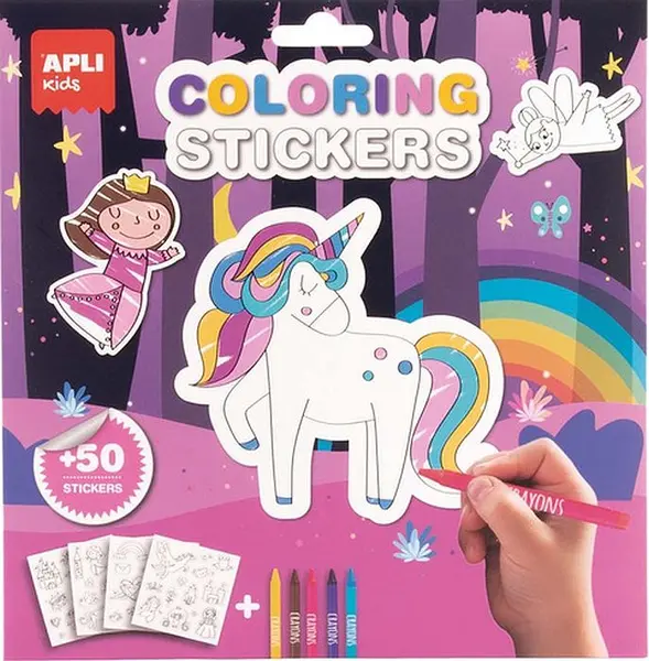 Autocolante pentru colorat Apli Kids - Lume magică, cu 5 creioane colorate