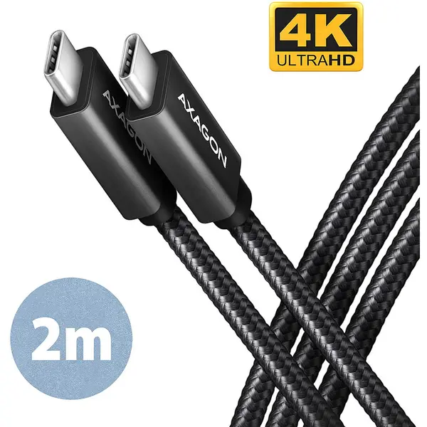 AXAGON Cablu USB-C la USB-C 3.2 Gen 2, 2m, PD 100W, 5A, ,4K@60Hz, QC4.0, Impletit, Negru