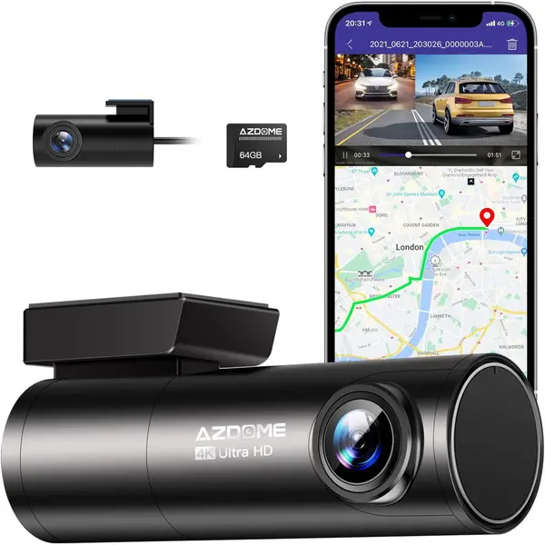 AZDOME Camera auto DVR AZDOME M300S, Dubla, 4K + 1080P, 5GHz WiFi, GPS, Unghi 170, Comanda vocala, Card 64G inclus