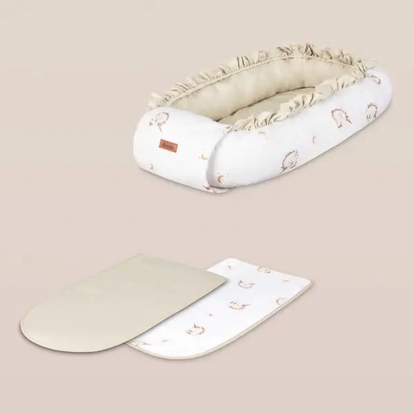 Babynest pentru nou nascut Sensillo Forest Beige 80x45 cm cu doua fete,material din bumbac 100,saltea moale detasabila,reglare cu snur