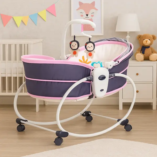 Balansoar 5 in 1 cu vibratii pentru copii si bebelusi, transformabil in landou si scaun copii, cu melodii, Mov