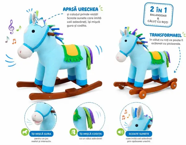 Balansoar Little Mom Unicorn Bouncy din plus,cu roti, sunete baza solida din lemn, recomandat 3 ani+