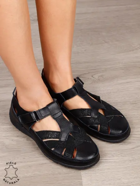 Balerini dama din Piele Naturala cu inchidere velcro CRL1547 NEGRU