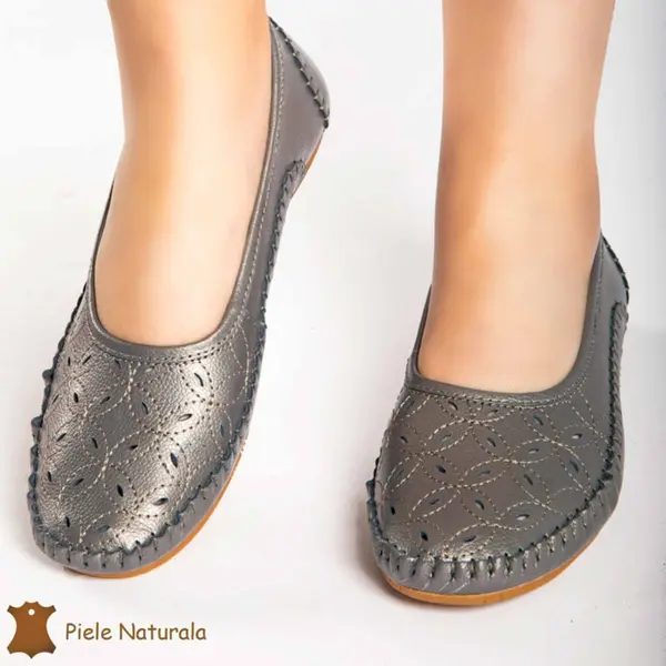 Balerini dama din Piele Naturala cu mici perforatii CRL0180 PEWTER