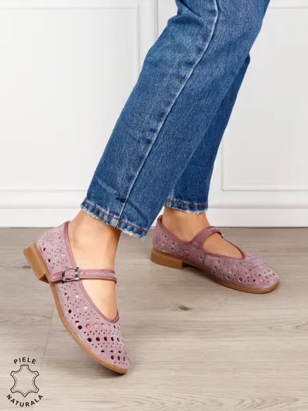 BALERINI dama din piele naturala Intoarsa cu barete SI DESIGN UNIC CRL1629 ROZ
