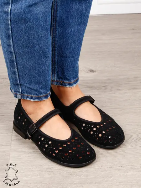 Balerini dama din piele naturala Intoarsa cu barete SI DESIGN UNIC CRL1629 NEGRU