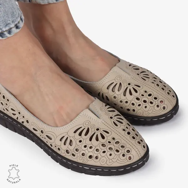 BALERINI dama din Piele naturala PERFORATA SLIP-ON CRL1363 BEJ