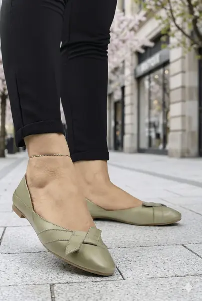 Balerini din Piele Verde cu Accesoriu - MYN AVOCADO