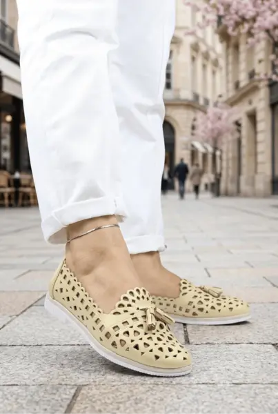 Balerini Perforati din Piele Galbeni cu Accesoriu - ZY Lemon
