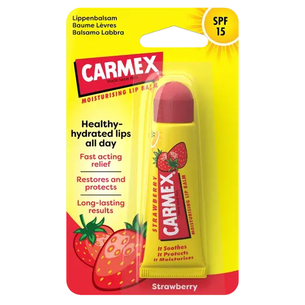 Balsam reparator pentru buze uscate si crapate cu aroma de capsuni SPF15, Carmex | 10 g