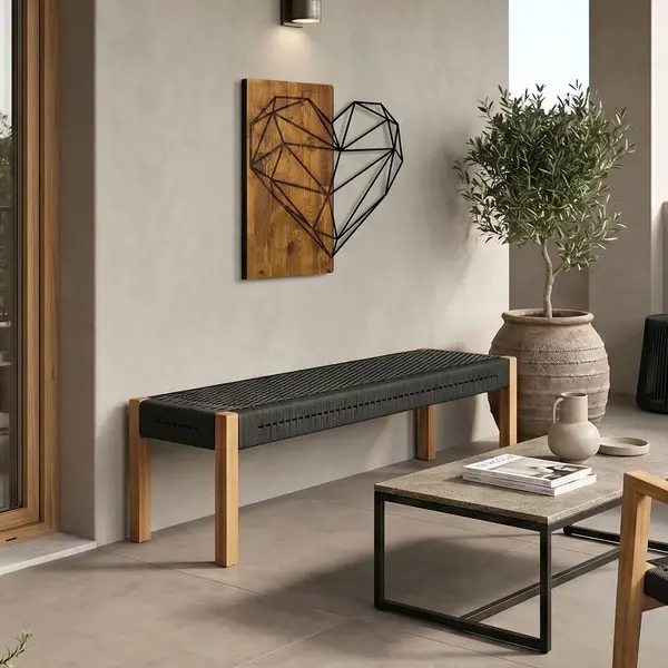 Banca Uma pakoworld lemn de tec si franghie pe culoare neagra 120x45x40cm Bancă Uma pakoworld lemn de tec și frânghie pe în nuanță neagră, 120x45x40 cm.