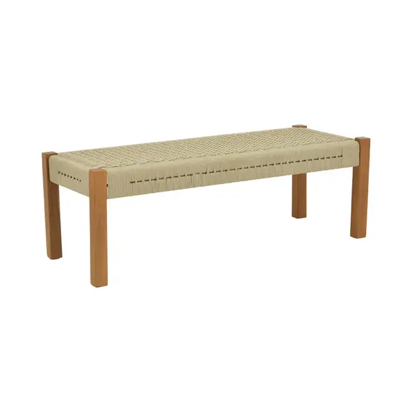 Banca Uma pakoworld lemn de tec si franghie pe in nuanta naturala 120x45x40cm Bancă Uma pakoworld lemn de tec și frânghie PE în nuanță naturală, 120x45x40 cm.