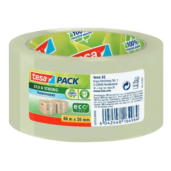 Banda adeziva transparenta plastic reciclat 50 mm x 66 m Banda ambalare 50 mm x 66 m Eco&Strong transparenta 58153 Tesa