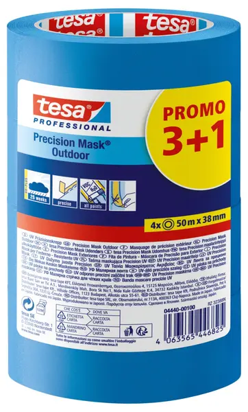 Bandă de hârtie Tesa – Precision Mask Outdoor, 50 m x 38 mm, albastră, 4 bucăți