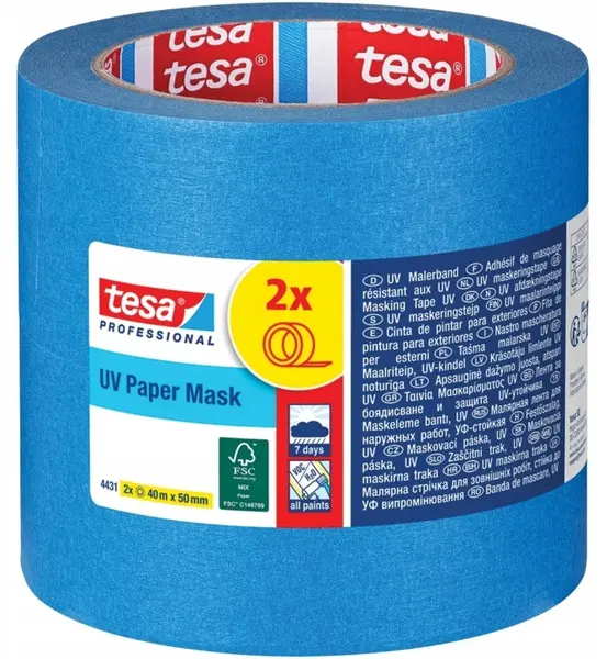 Bandă de hârtie Tesa – UV Paper Mask, 40 m x 50 mm, albastră, 2 bucăți