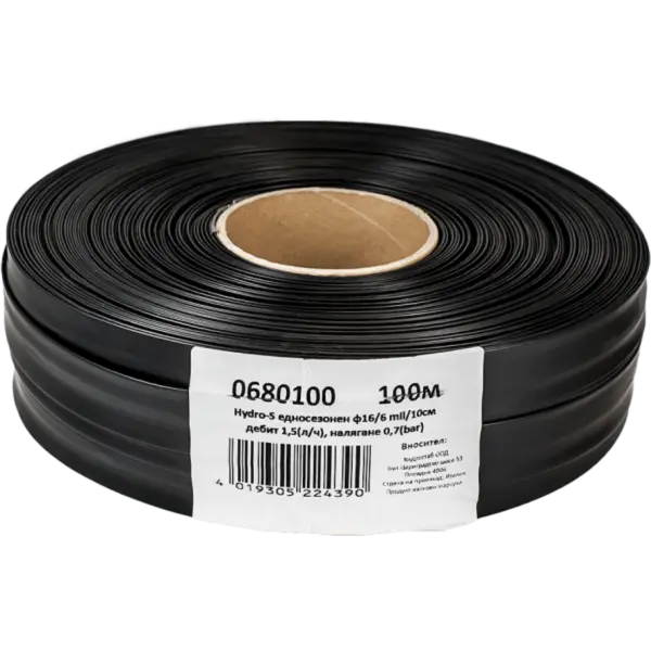 Banda de picurare Hydro-Drip, Dimensiune 16mm, Presiune 0.7 bari, Densitate 6mil,Distanta 10 cm, Debit 2 l/min,Rola 100 m