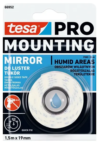 Bandă dublu adezivă Tesa - Pro Mounting, pentru oglinzi, 1.5 m x 19 mm, alba