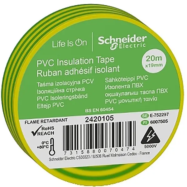 Banda izolatoare PVC 19mmX20m galben/verde Schneider IMT38205