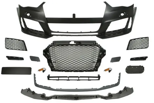 Bara (Fata, RS Type, cu grilaje; cu valabilitate, cu gauri pentru spalator de faruri, cu gauri pentru senzorii de parcare, negru lucios grunduit) potrivit AUDI A3 04.12-06.16