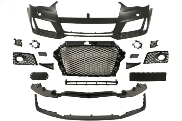 Bara (Fata, RS Type, cu grilaje; cu valabilitate, cu gauri pentru lampa de ceata, cu gauri pentru spalator de faruri, negru lucios grunduit) potrivit AUDI A3 Hatchback 04.12-06.16