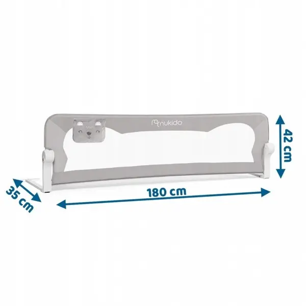 Bariera de protectie pentru pat copii Nukido Gri 180 x 35 x 42 cm,cadru rezistent,sistem de siguranta impotriva plierii accidentale,centuri de siguranta si buzunar de depozitare