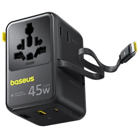 BASEUS Adaptor de calatorie Baseus PicoGo AG11 2x AC, 2x USB-A, 1x USB-C, 45W, cablu USB-C retractabil, Negru