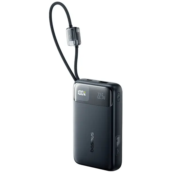 BASEUS Baterie externa Baseus EnerFill FC11 20.000 mAh, 22.5W, Digital Display, cu cablu USB-C si Lightning integrat, Negru