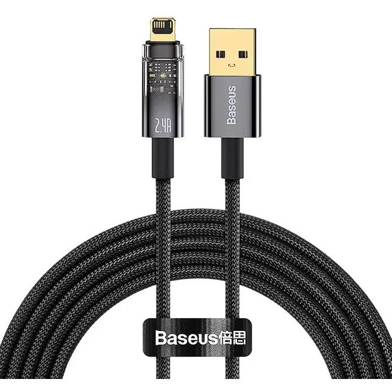 BASEUS Cablu alimentare si date Baseus, Explorer, Fast Charging, USB la tip Lightning 2.4A 2m Auto Power-Off, Negru Transparent
