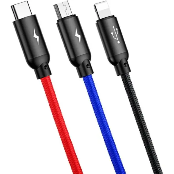 BASEUS Cablu Date si Incarcare Baseus USB tip tip Lightning - USB la MicroUSB - USB la USB Type-C Three Primary Colors 3.5A, 1.2 m, CAMLT-BSY01, Negru