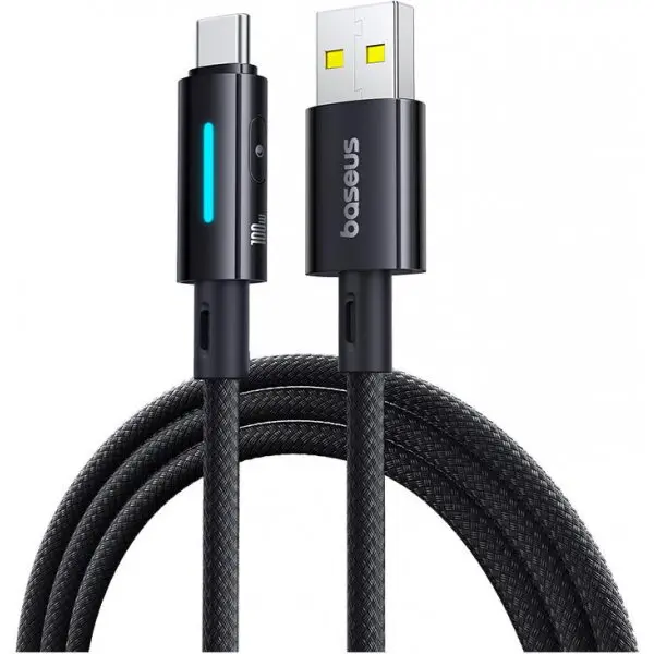 BASEUS Cablu Date si Incarcare USB-A - USB-C Baseus Lit Button Control, 100W, 1m, Negru P10379002121-00