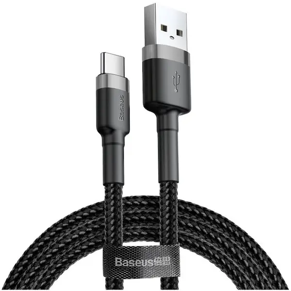 BASEUS Cablu de incarcare si transfer date, mufe USB A la USB Type-C, Cafule, 2A, 2m lungime, textil, Negru-Gri