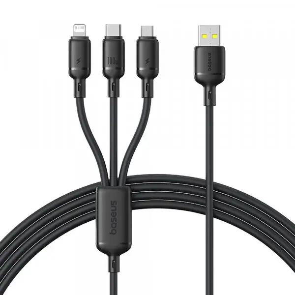 BASEUS Cablu Incarcare USB-A - Lightning / microUSB / USB-C Baseus Silky 3in1, 100W, 1.5m, Negru P10377705123-00